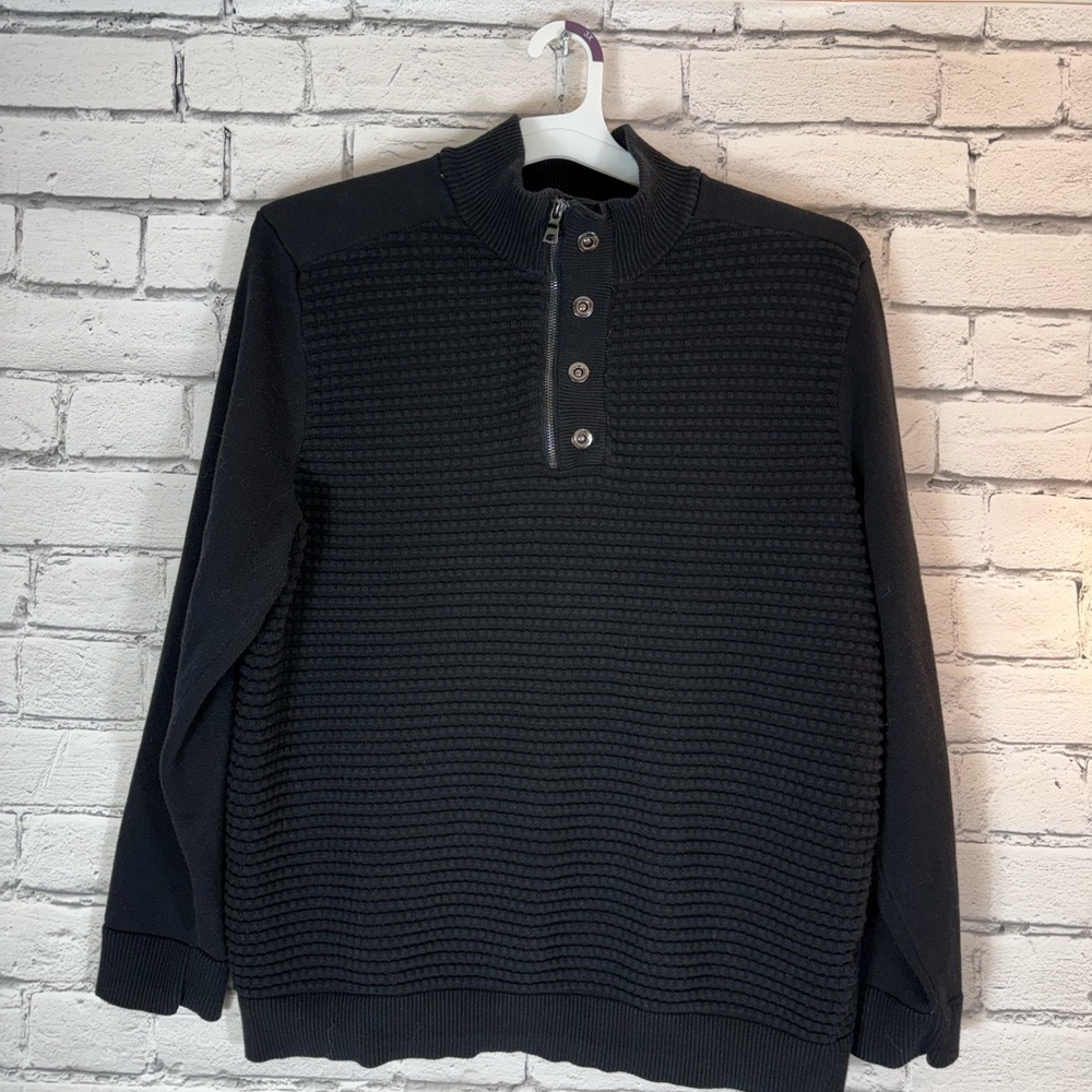 INC International Concepts Black Waffle Knit 1/4 Zip Sweater Mock Neck Size XXL